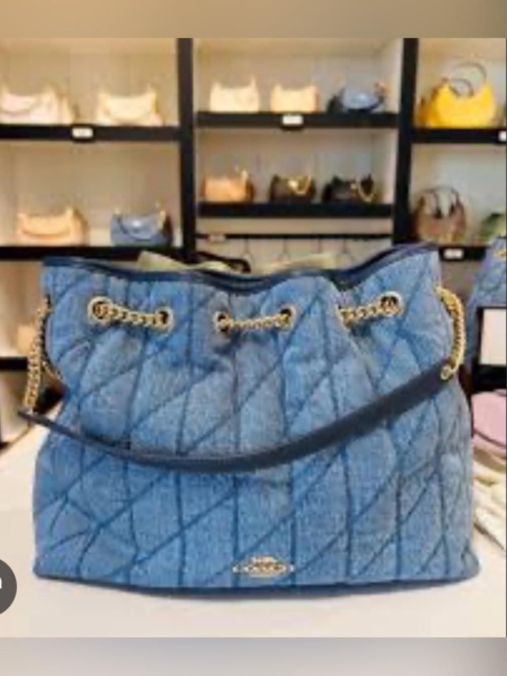 NWT Coach Quilted Denim-Style Light Blue Accent Pillow with Gold Chain Trim